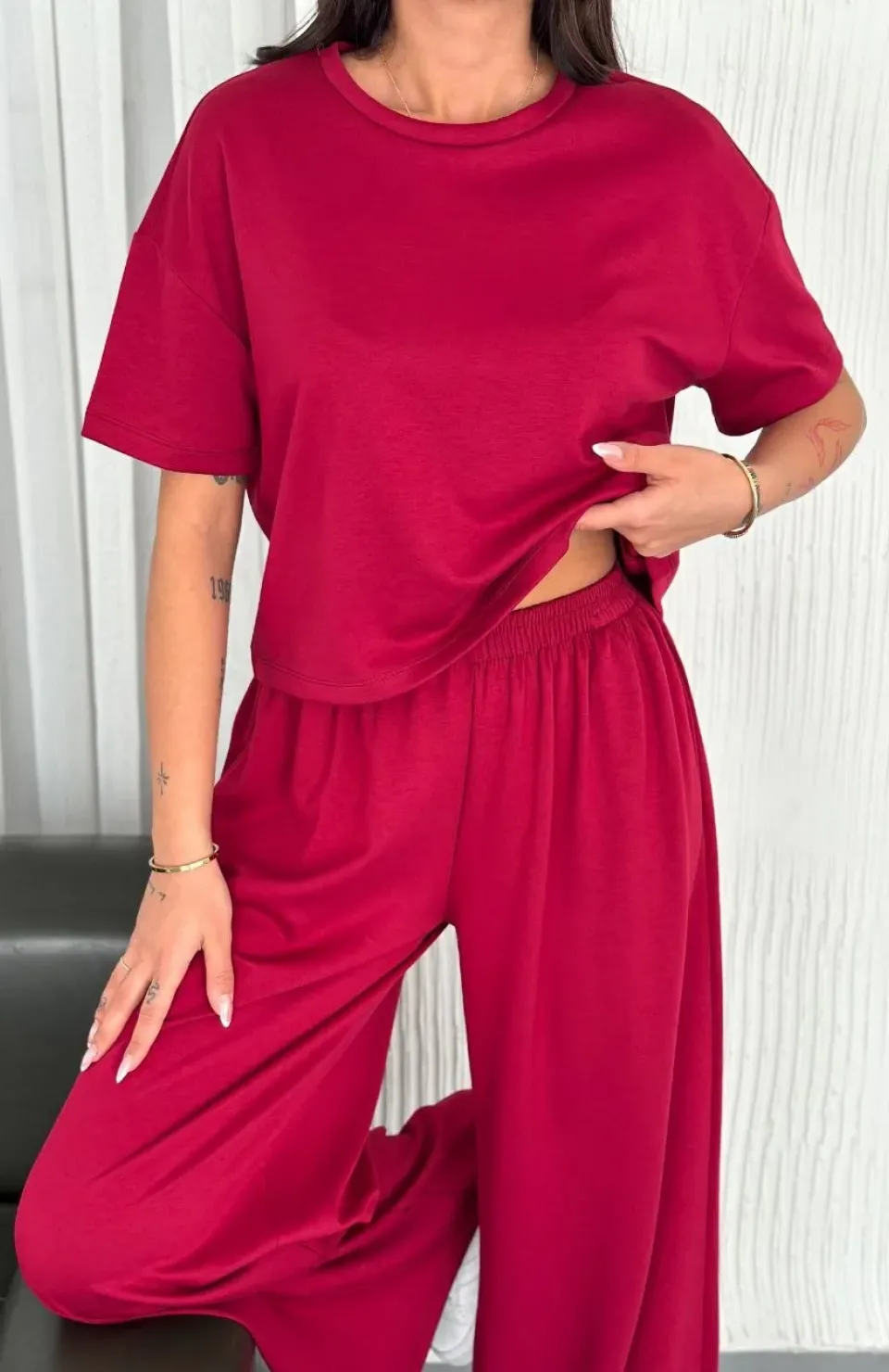 Osy Modal Yumuşak Dokulu Kumaş Bisiklet Yaka T-shirt Bol paça Pantalon ikili Takım -Bordo