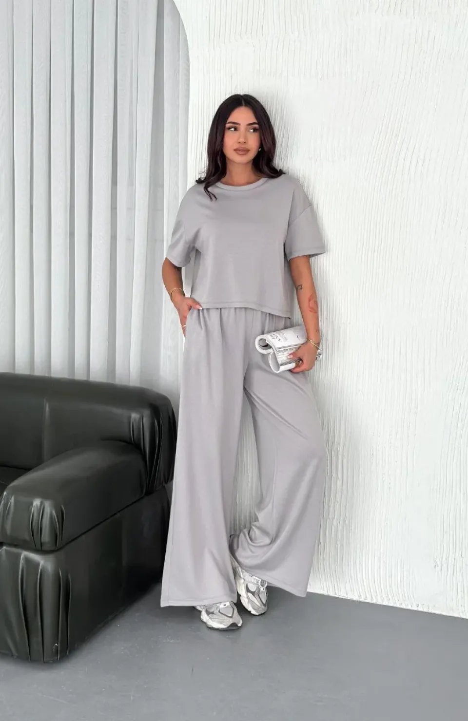 Osy Modal Yumuşak Dokulu Kumaş Bisiklet Yaka T-shirt Bol paça Pantalon ikili Takım - Boyalı Gri