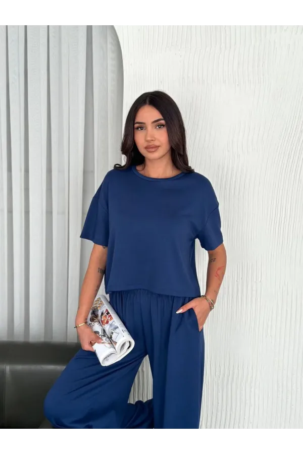 Osy Modal Yumuşak Dokulu Kumaş Bisiklet Yaka T-shirt Bol paça Pantalon ikili Takım -Saks Mavi