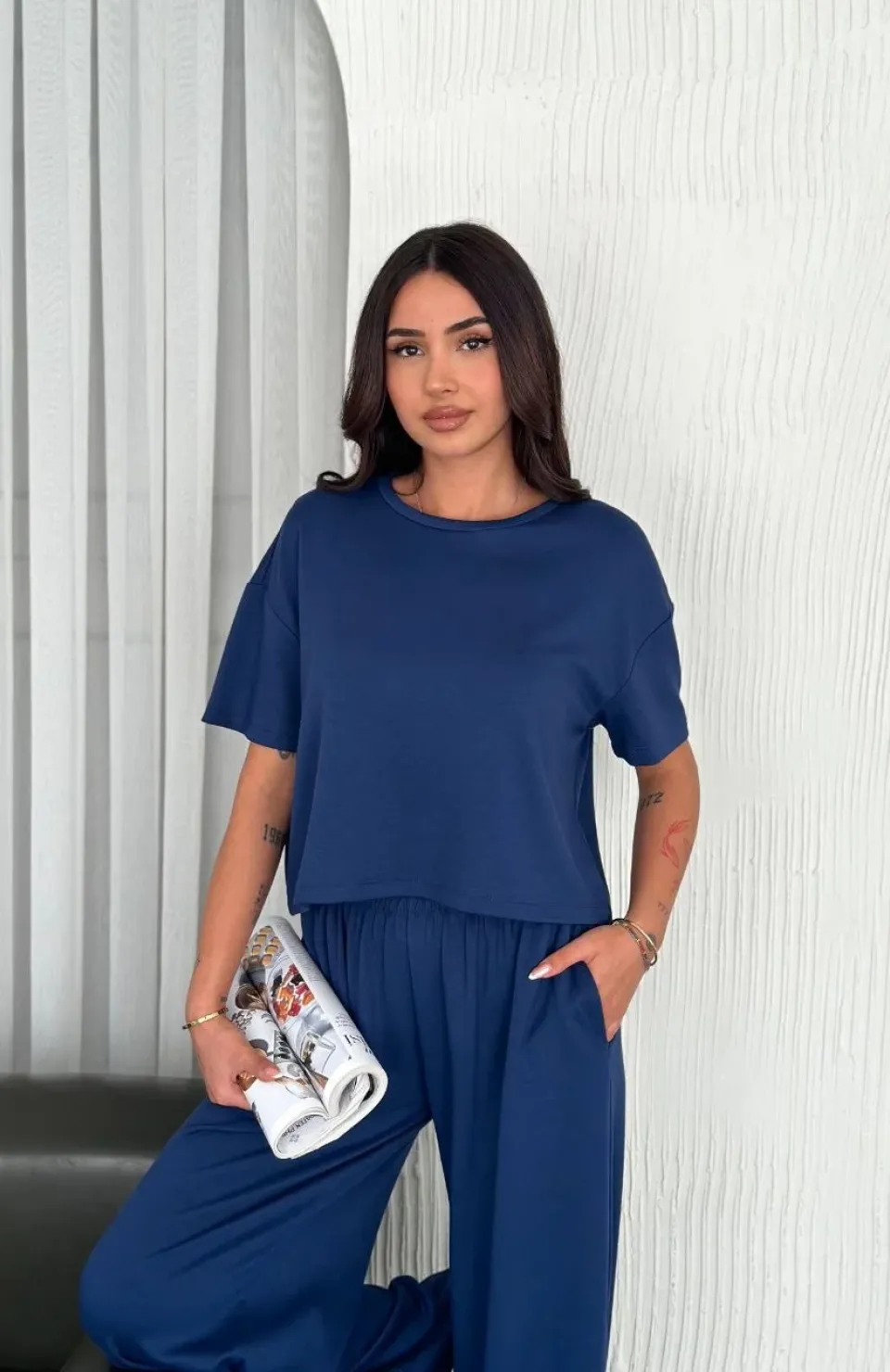 Osy Modal Yumuşak Dokulu Kumaş Bisiklet Yaka T-shirt Bol paça Pantalon ikili Takım -Saks Mavi