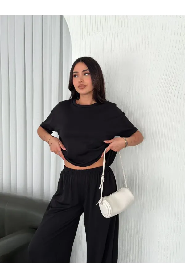 Osy Modal Yumuşak Dokulu Kumaş Bisiklet Yaka T-shirt Bol paça Pantalon ikili Takım -Siyah