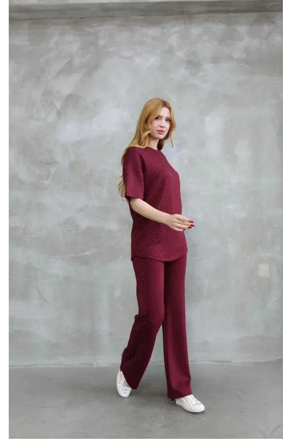 Osy Modal Yumuşak dokulu Kumaş Bisiklet Yaka Taş detaylı Kısa Kollu Takım - Bordo