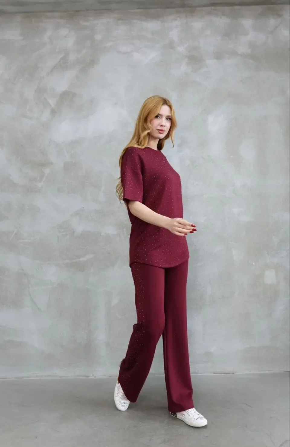 Osy Modal Yumuşak dokulu Kumaş Bisiklet Yaka Taş detaylı Kısa Kollu Takım - Bordo