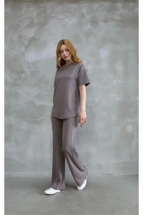 Osy Modal Yumuşak dokulu Kumaş Bisiklet Yaka Taş detaylı Kısa Kollu Takım - Vizyon