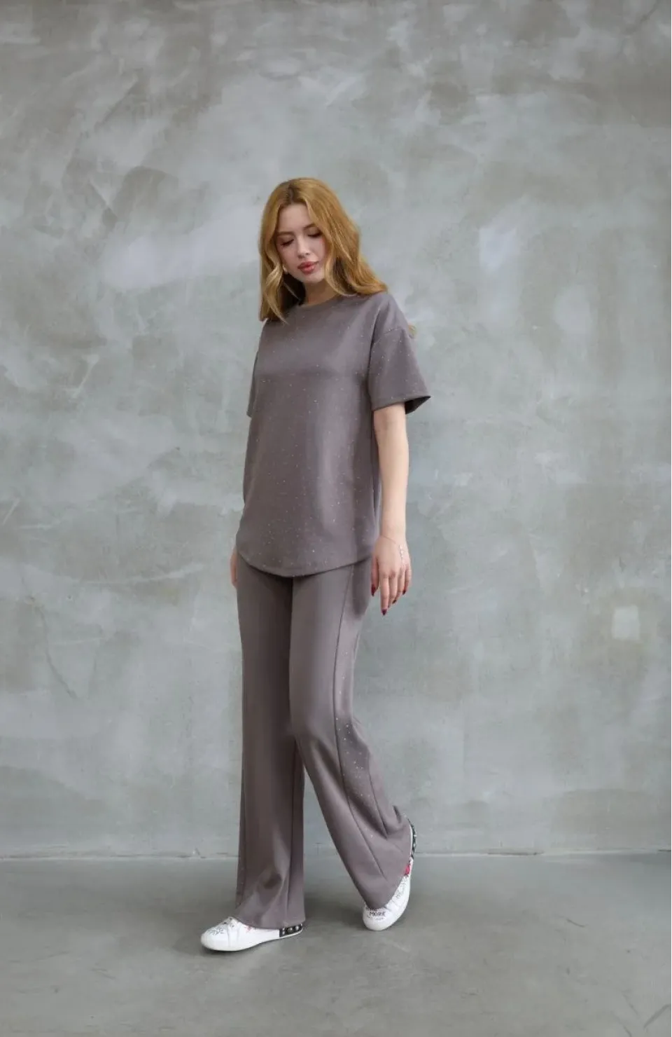 Osy Modal Yumuşak dokulu Kumaş Bisiklet Yaka Taş detaylı Kısa Kollu Takım - Vizyon