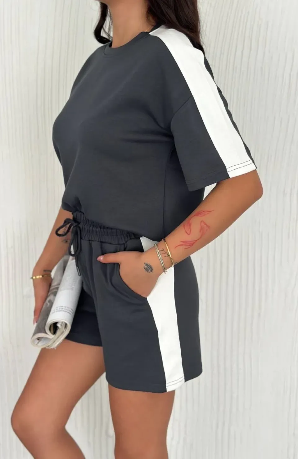 Osy Modal yumuşak dokulu Kumaş Kadın Parçalı Bisiklet Yaka T-shirt Kısa Şort İkili Takım - Antrasit