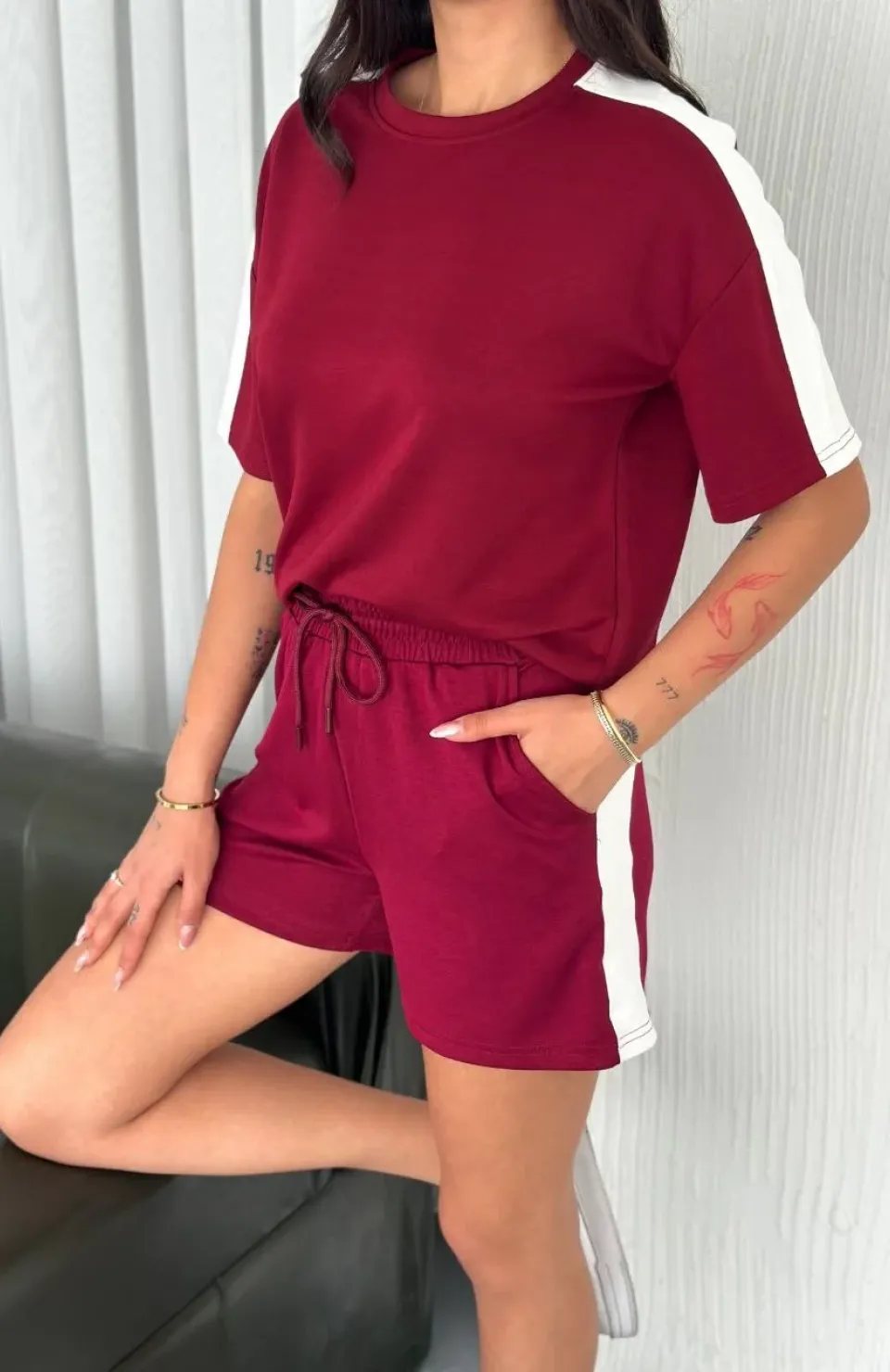 Osy Modal yumuşak dokulu Kumaş Kadın Parçalı Bisiklet Yaka T-shirt Kısa Şort İkili Takım - Bordo