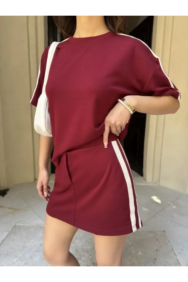 Osy Modal yumuşak dokulu Kumaş Kadın Parçalı Bisiklet Yaka T-shirt Mini Şortlu Etek İkili Takım -Bordo