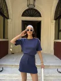Osy Modal yumuşak dokulu Kumaş Kadın Parçalı Bisiklet Yaka T-shirt Mini Şortlu Etek İkili Takım -Lacivert