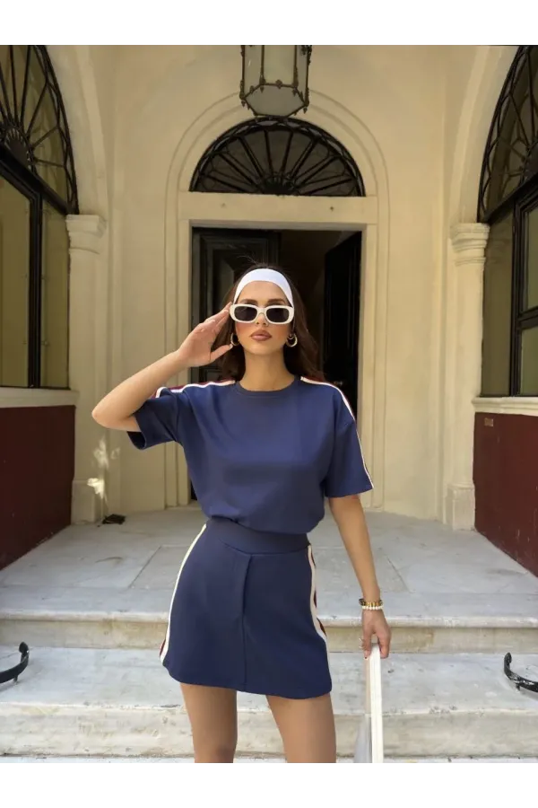 Osy Modal yumuşak dokulu Kumaş Kadın Parçalı Bisiklet Yaka T-shirt Mini Şortlu Etek İkili Takım -Lacivert