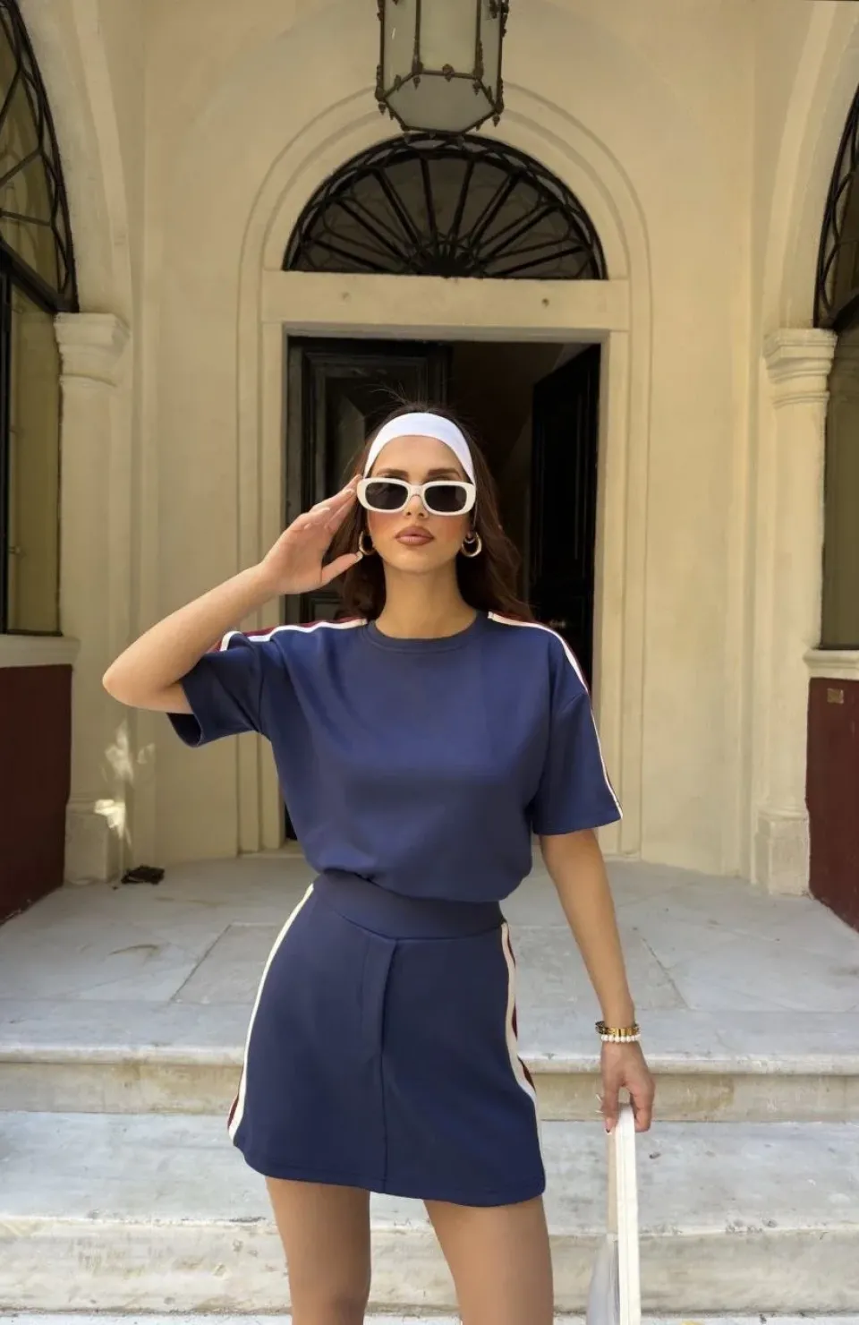 Osy Modal yumuşak dokulu Kumaş Kadın Parçalı Bisiklet Yaka T-shirt Mini Şortlu Etek İkili Takım -Lacivert