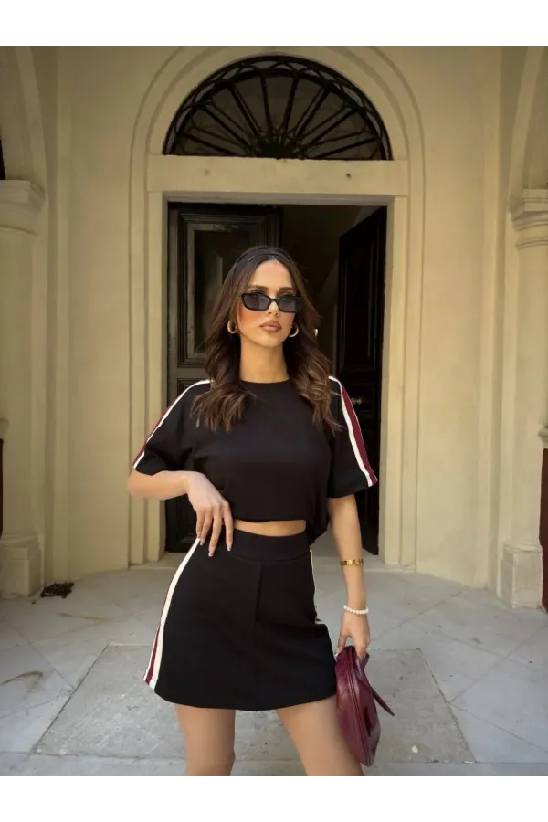 Osy Modal yumuşak dokulu Kumaş Kadın Parçalı Bisiklet Yaka T-shirt Mini Şortlu Etek İkili Takım - Siyah