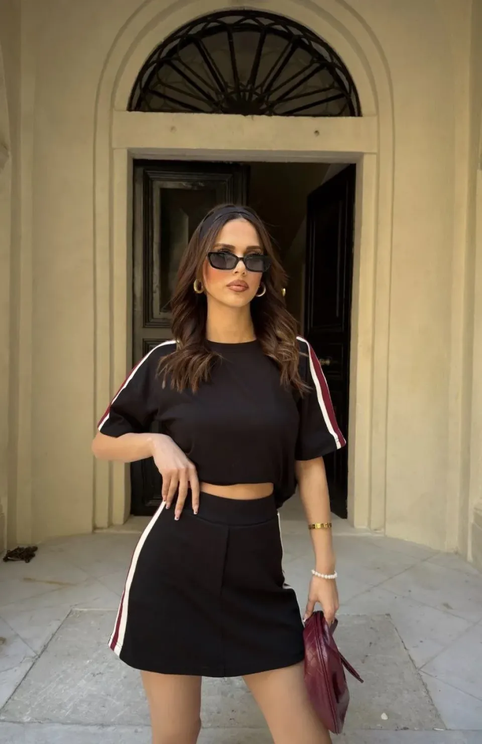 Osy Modal yumuşak dokulu Kumaş Kadın Parçalı Bisiklet Yaka T-shirt Mini Şortlu Etek İkili Takım - Siyah