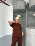 Osy Modal Yumuşak Dokulu Kumaş Kısa Kollu Bluz Rahat Pantalon ikili Takım- Kahverengi