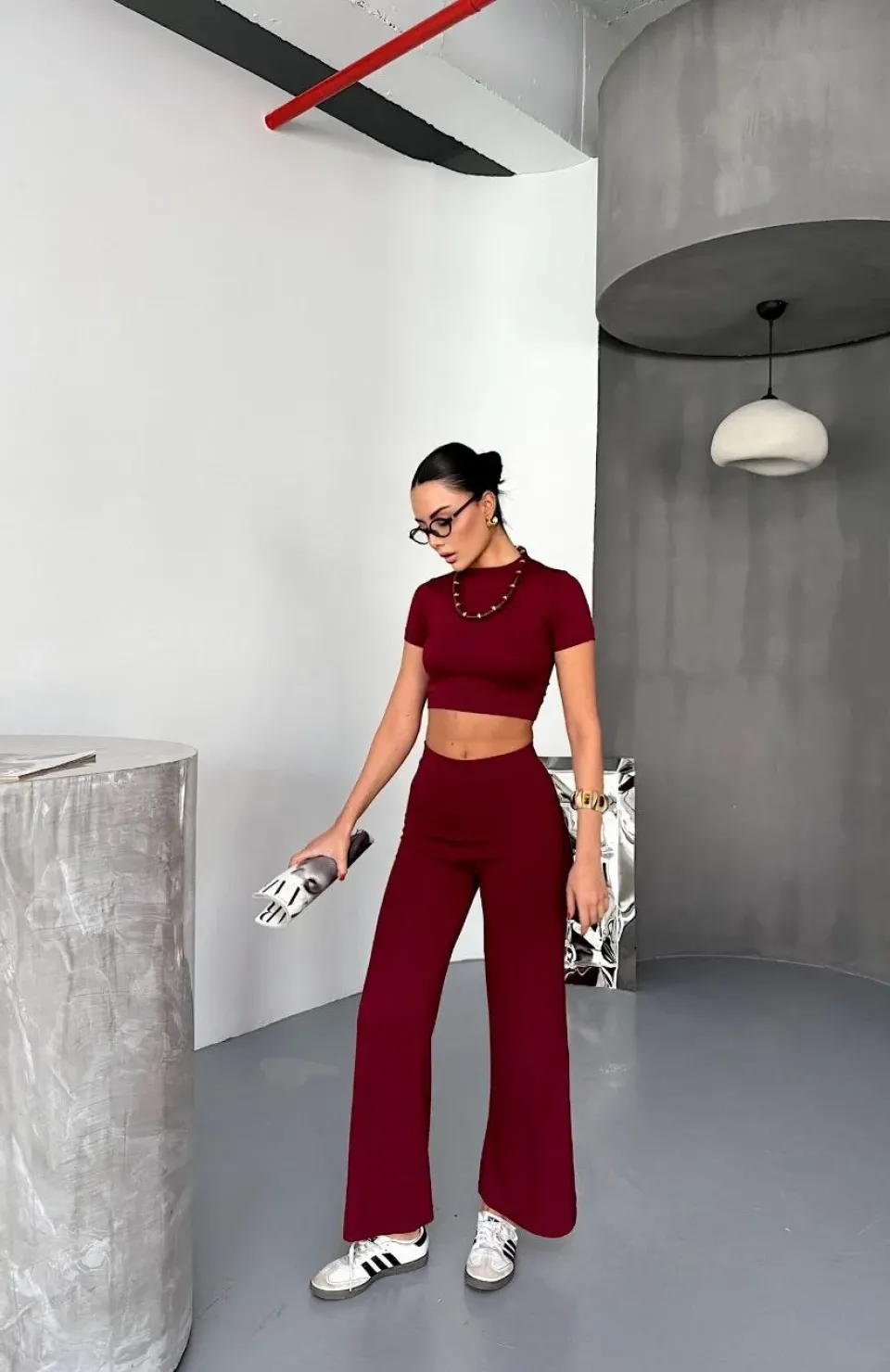 Osy Modal Yumuşak Dokulu Kumaş Kısa Kollu Crop Alt ispanyol Paça Pantalon ikili Takım - Bordo