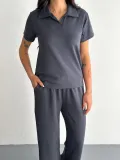 Osy Modal Yumuşak Dokulu Kumaş Kısa Kollu Yakalı T-shirt Pantalon ikili Takım- Antrasit
