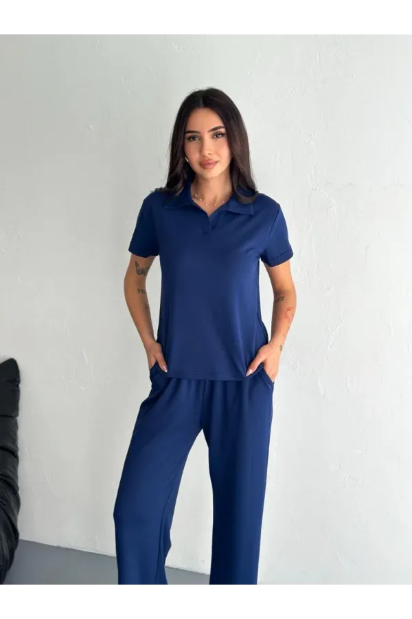 Osy Modal Yumuşak Dokulu Kumaş Kısa Kollu Yakalı T-shirt Pantalon ikili Takım- Lacivert