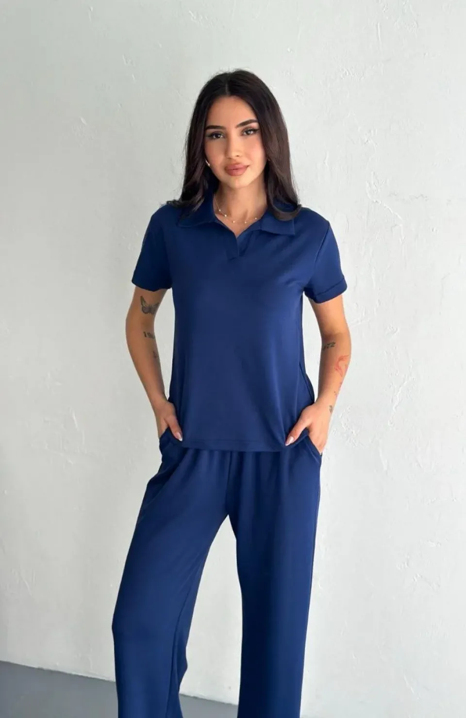 Osy Modal Yumuşak Dokulu Kumaş Kısa Kollu Yakalı T-shirt Pantalon ikili Takım- Lacivert