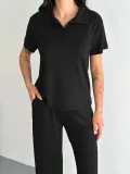 Osy Modal Yumuşak Dokulu Kumaş Kısa Kollu Yakalı T-shirt Pantalon ikili Takım- Siyah