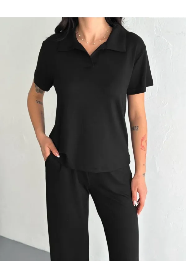 Osy Modal Yumuşak Dokulu Kumaş Kısa Kollu Yakalı T-shirt Pantalon ikili Takım- Siyah