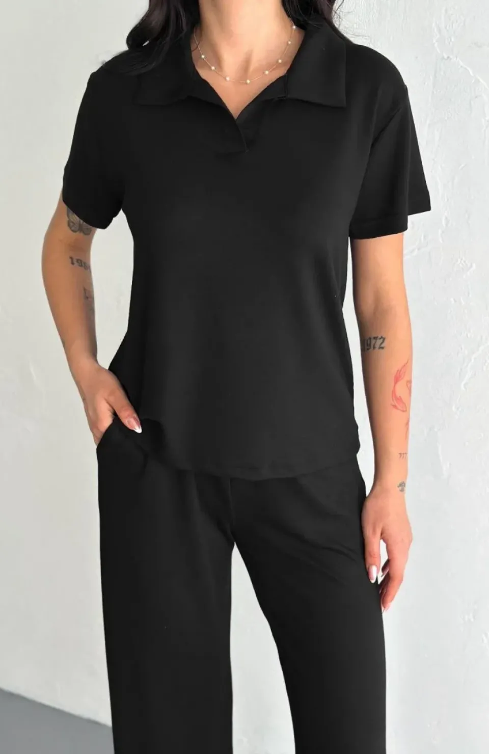 Osy Modal Yumuşak Dokulu Kumaş Kısa Kollu Yakalı T-shirt Pantalon ikili Takım- Siyah