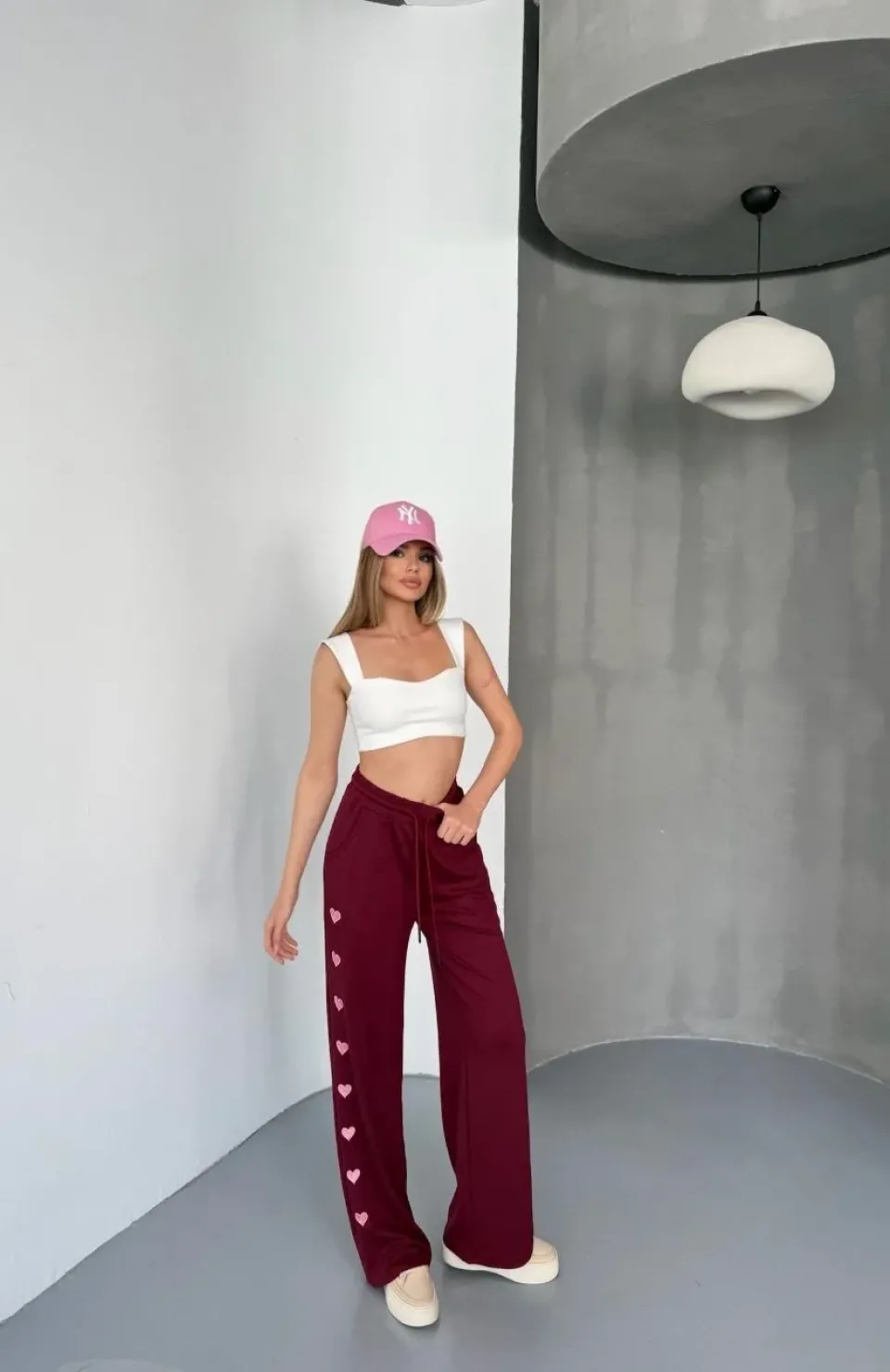 Osy Modal Yumuşak Dokulu Kumaş Nakış işlemeli Rahat Bol Paça Eşofman Pantalon - Bordo