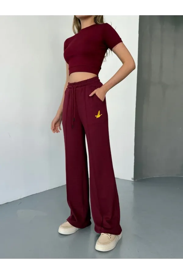 Osy Modal Yumuşak Dokulu Kumaş Nakış işlemeli Rahat Bol Paça Eşofman Pantalon - Bordo