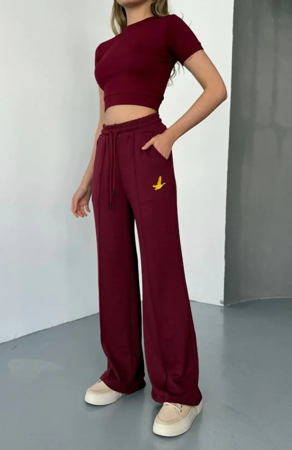 Osy Modal Yumuşak Dokulu Kumaş Nakış işlemeli Rahat Bol Paça Eşofman Pantalon - Bordo