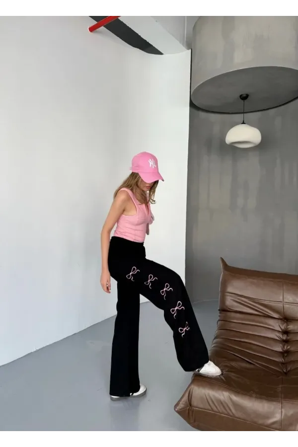 Osy Modal Yumuşak Dokulu Kumaş Nakış işlemeli Rahat Bol Paça Eşofman Pantalon - Siyah