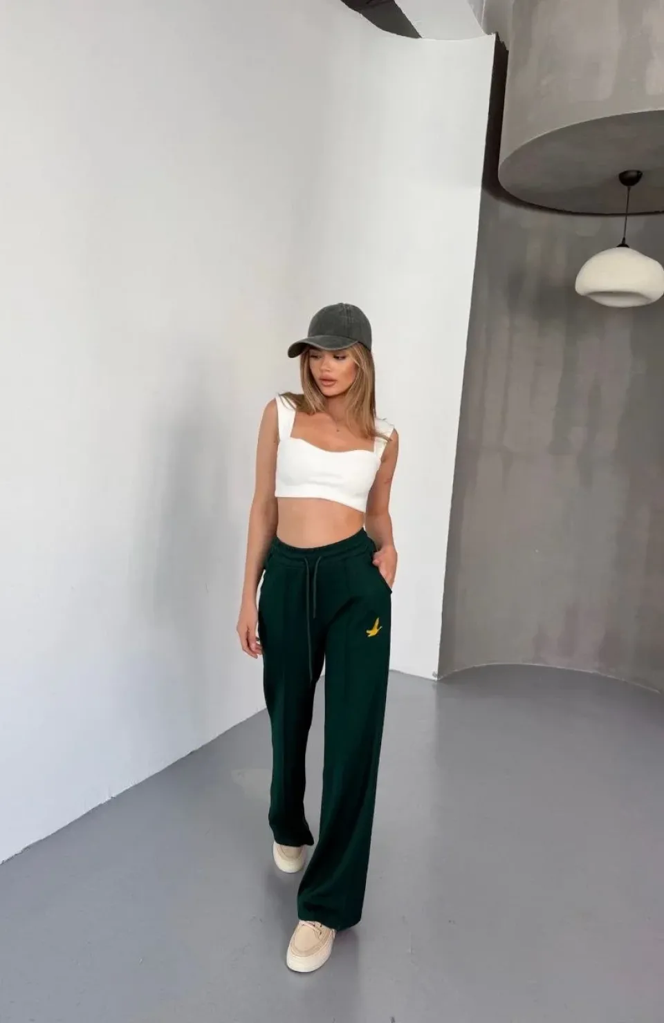 Osy Modal Yumuşak Dokulu Kumaş Nakış işlemeli Rahat Bol Paça Eşofman Pantalon - Yeşil