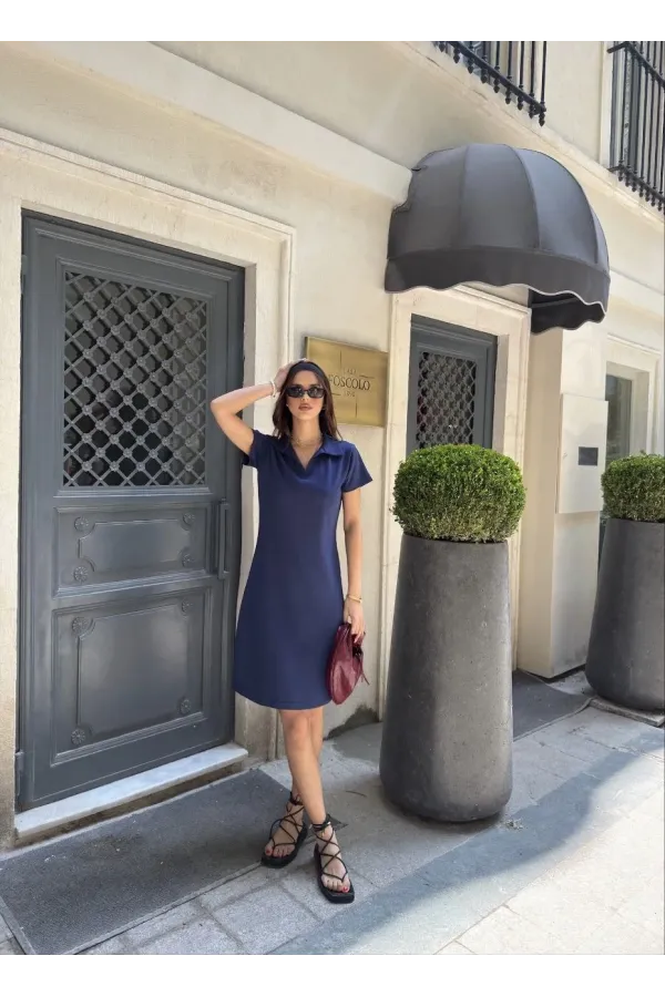 Osy Modal Yumuşak Dokulu Kumaş Yakalı Kısa Kollu Elbise - Mavi