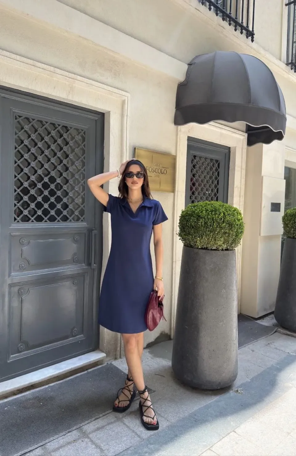 Osy Modal Yumuşak Dokulu Kumaş Yakalı Kısa Kollu Elbise - Mavi