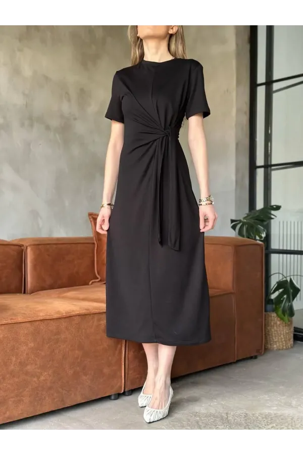 Osy Modal Yumuşak Dokulu Kumaş Yandan Bağlamalı Elbise - Siyah