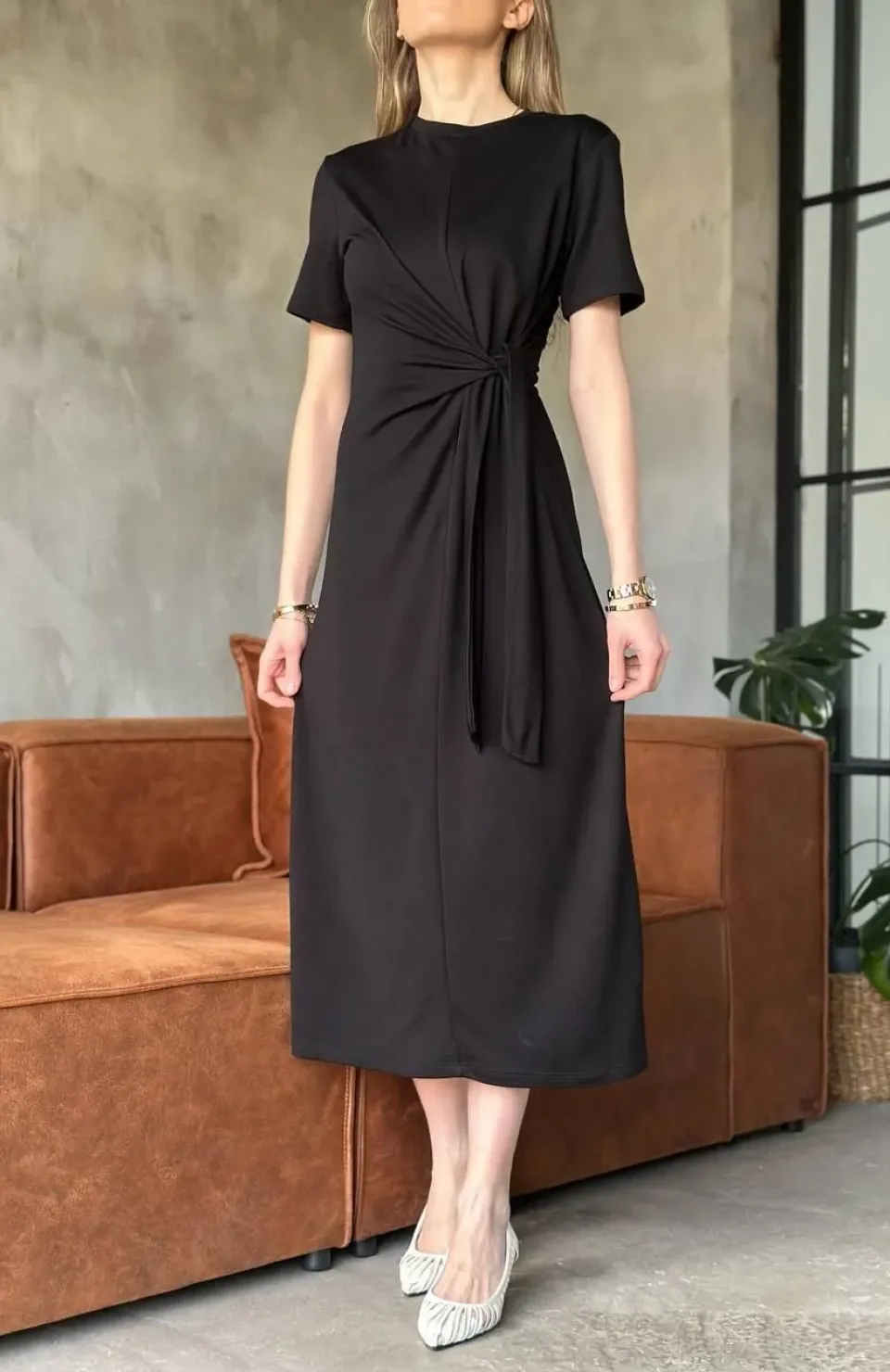 Osy Modal Yumuşak Dokulu Kumaş Yandan Bağlamalı Elbise - Siyah