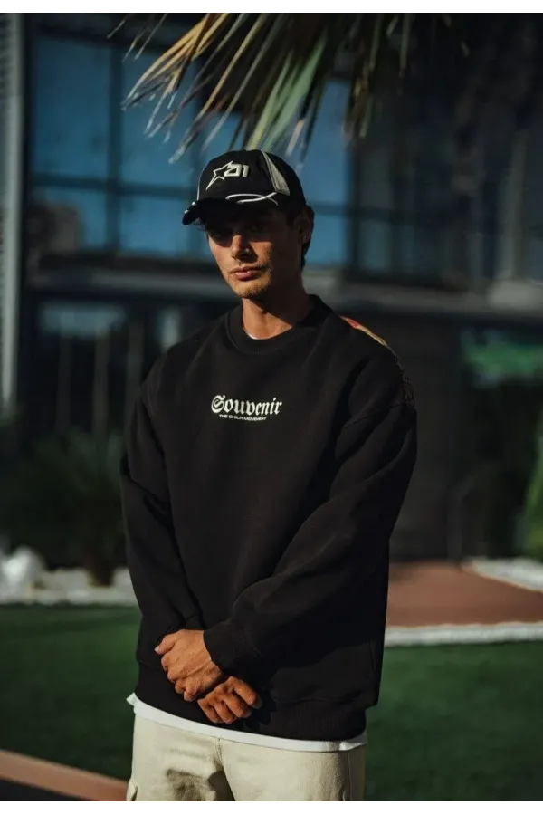 Oversize Bisiklet Yaka Baskılı SweatShirt - Siyah