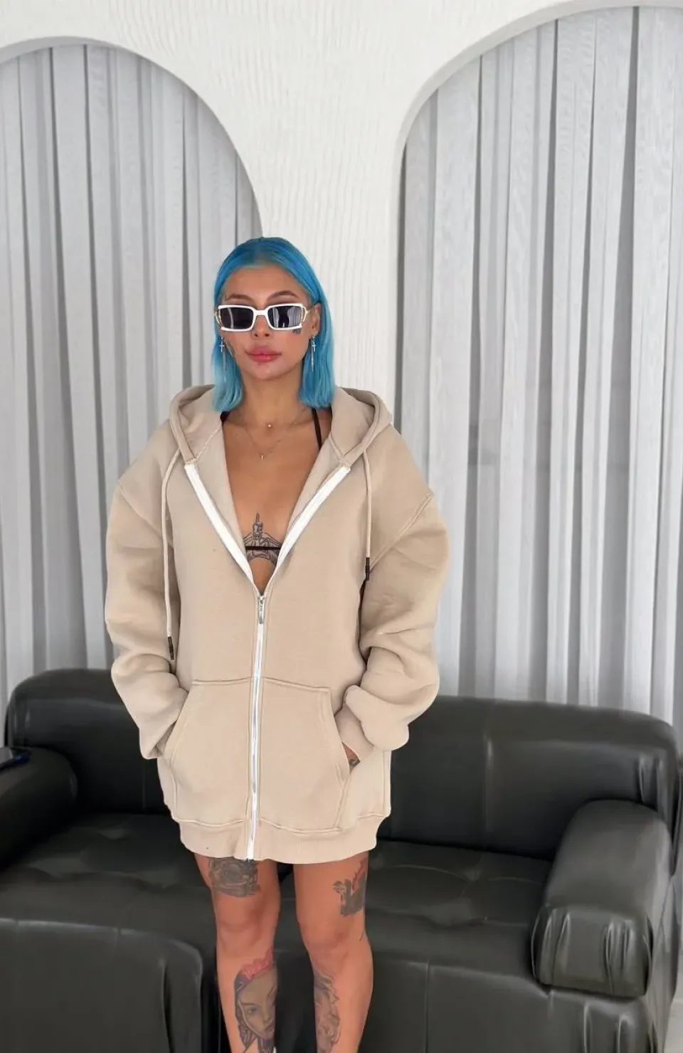 Oversize Tam Fermuarlı Uzun Kol Hırka - Bej Somersan Giyim | Kadın, Erkek ve Çocuk Moda