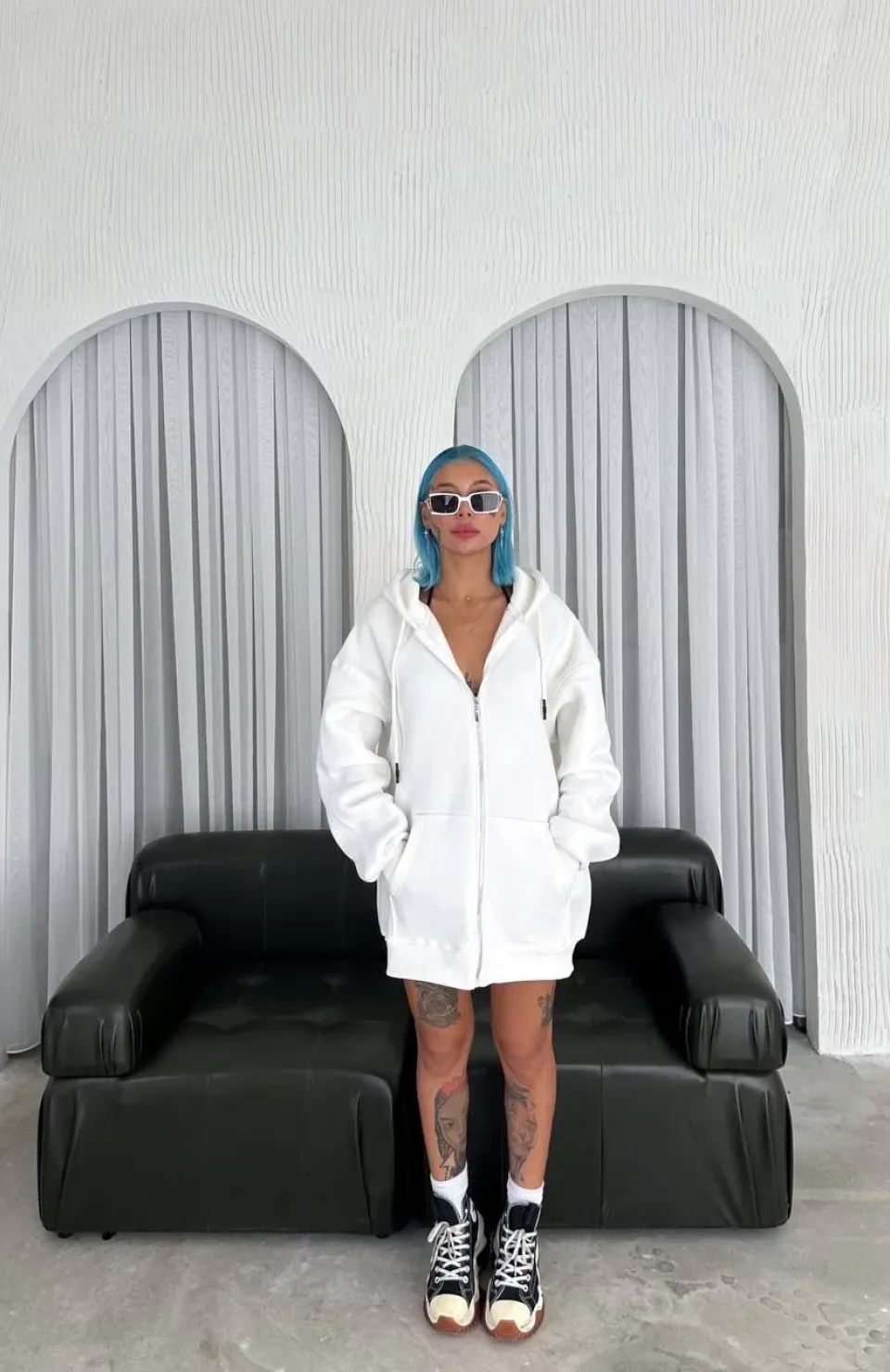 Oversize Tam Fermuarlı Uzun Kol Hırka - Beyaz Somersan Giyim | Kadın, Erkek ve Çocuk Moda