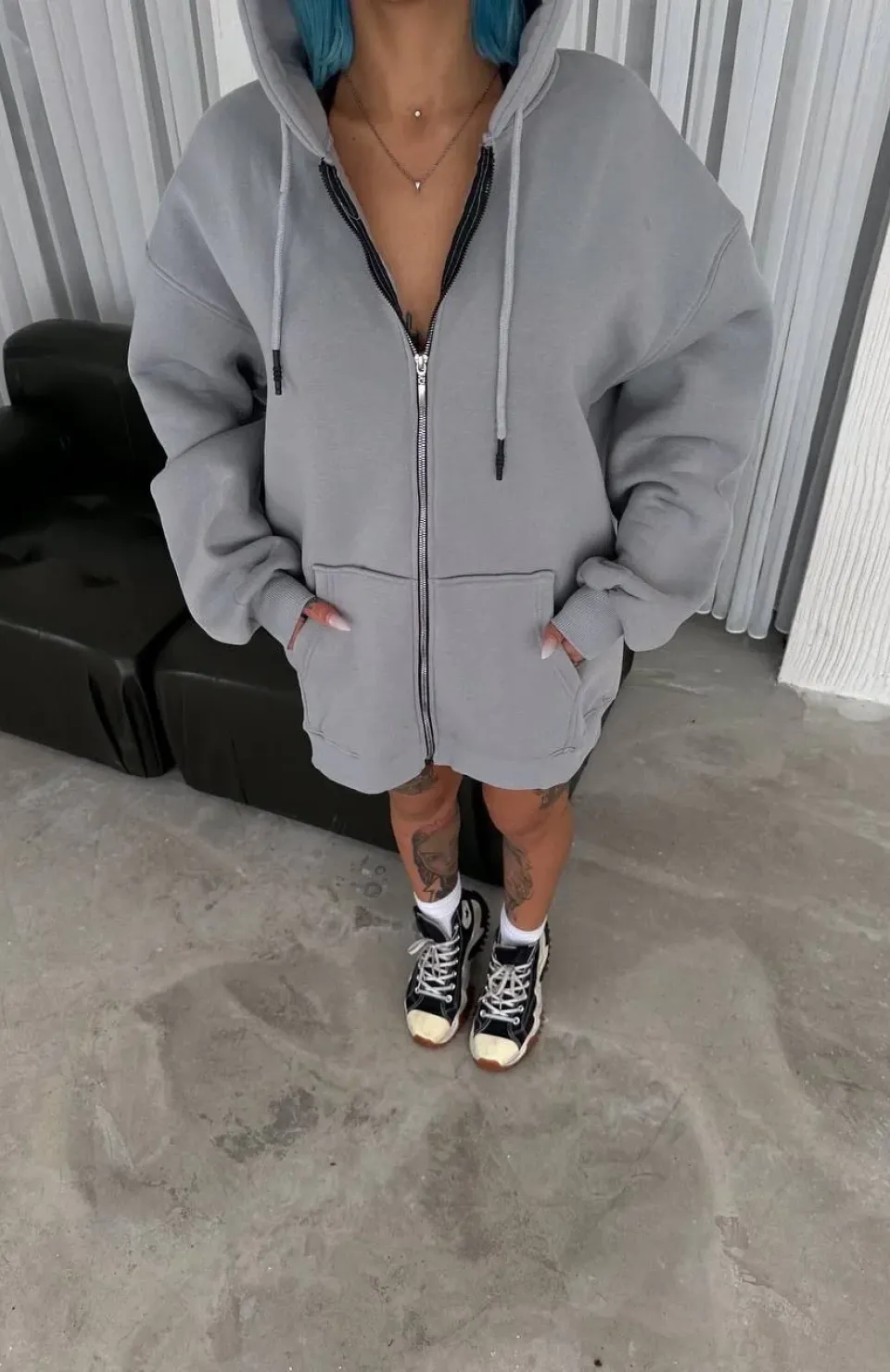 Oversize Tam Fermuarlı Uzun Kol Hırka - Gri Somersan Giyim | Kadın, Erkek ve Çocuk Moda