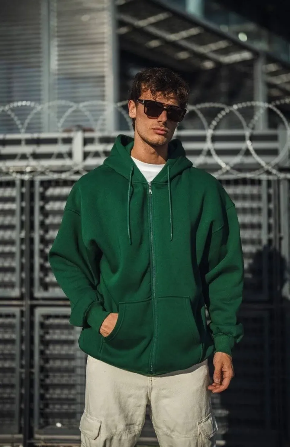 Oversize Tam Fermuarlı Uzun Kol Hırka - Haki