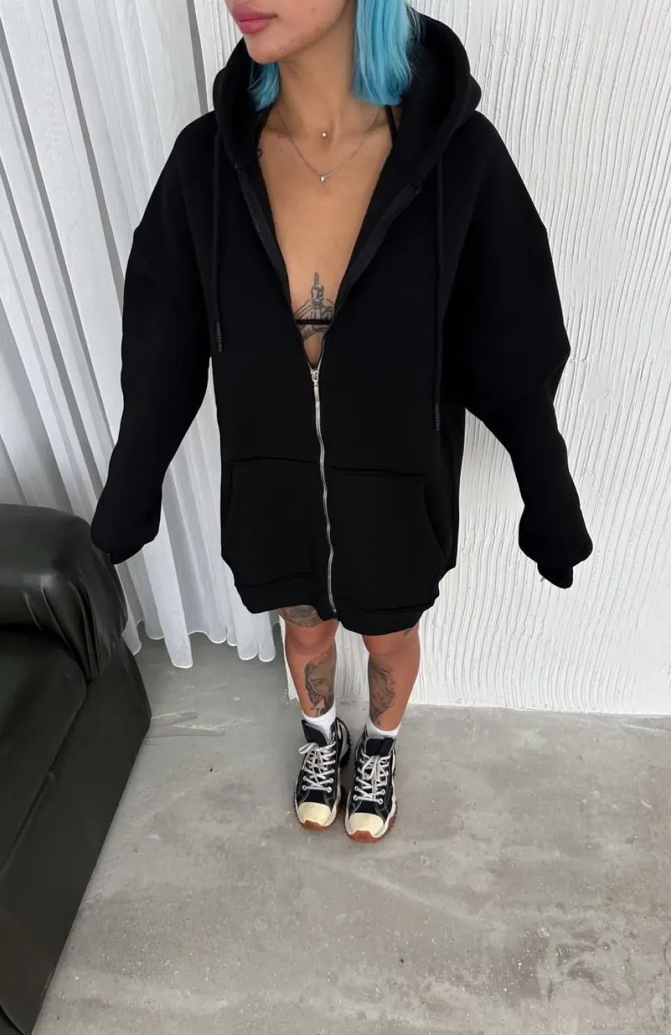 Oversize Tam Fermuarlı Uzun Kol Hırka - Siyah Somersan Giyim | Kadın, Erkek ve Çocuk Moda