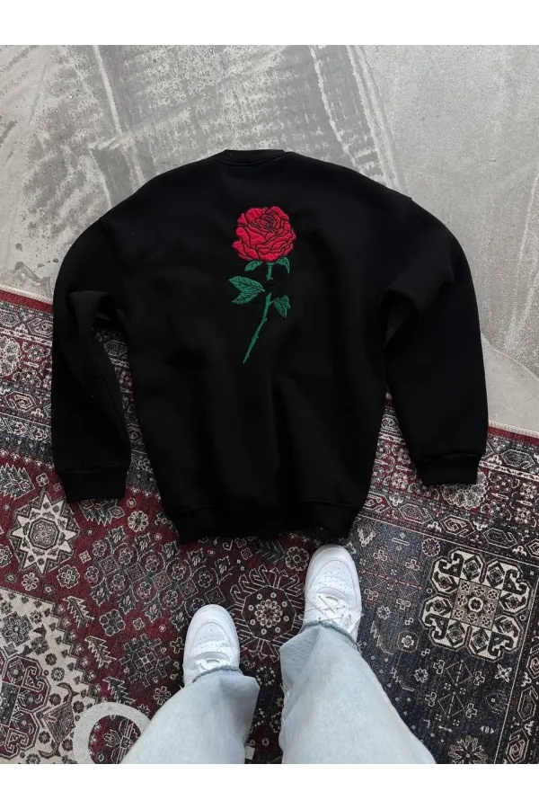 Oversize Üç İplik Bisiklet Yaka Baskılı SweatShirt - Siyah