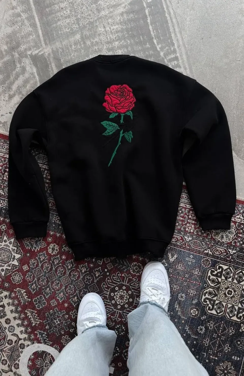 Oversize Üç İplik Bisiklet Yaka Baskılı SweatShirt - Siyah