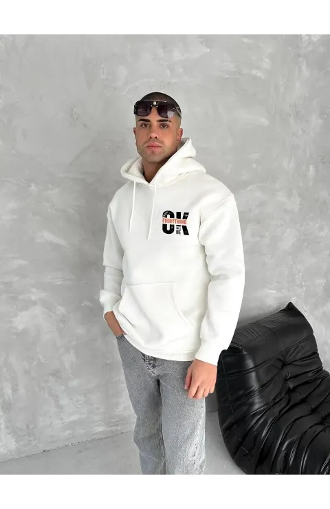 Oversize Üç İplik Kapüşonlu SweatShirt - Beyaz