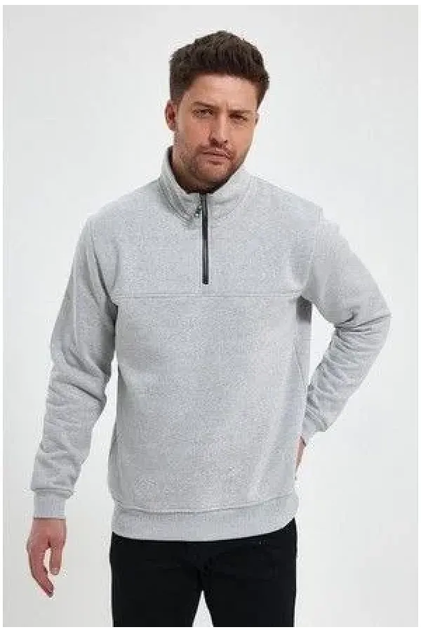 Oversize Yarım Farmuarlı Yakalı Basic SweatShirt - Gri