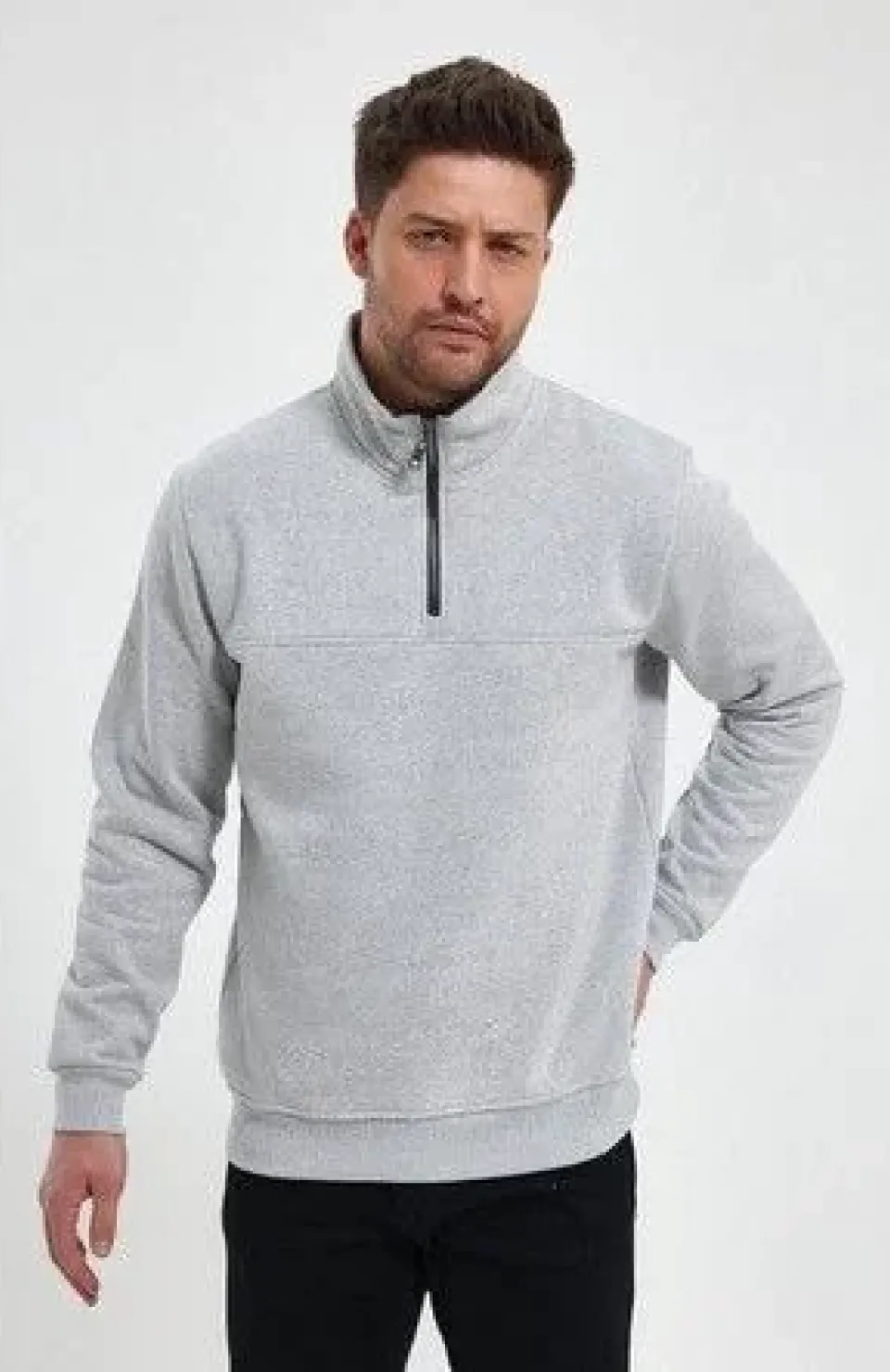 Oversize Yarım Farmuarlı Yakalı Basic SweatShirt - Gri