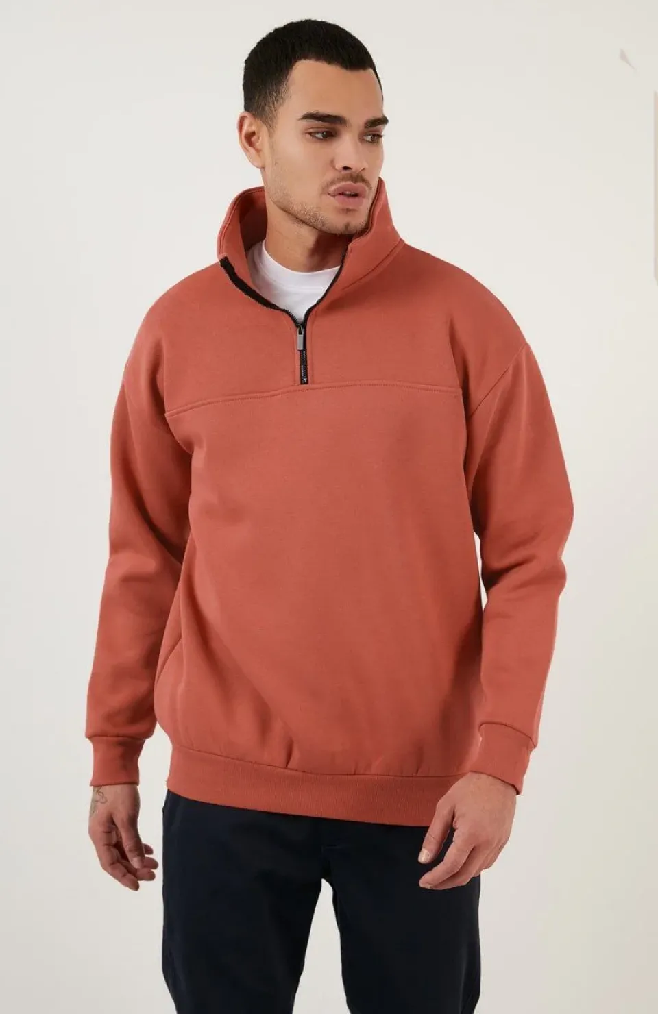 Oversize Yarım Farmuarlı Yakalı Basic SweatShirt - Gül Kurusu