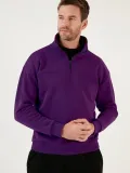 Oversize Yarım Farmuarlı Yakalı Basic SweatShirt - Mor