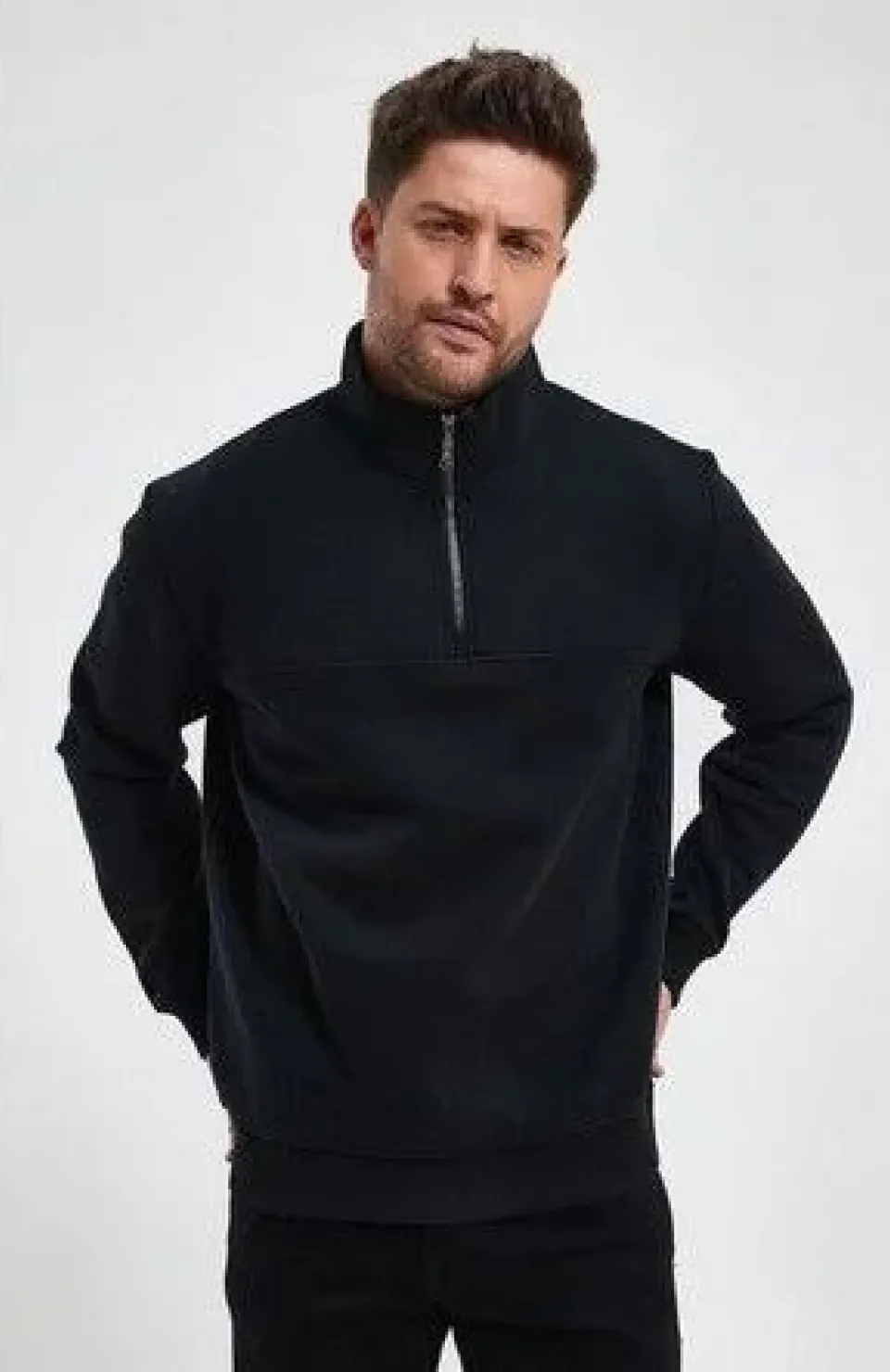 Oversize Yarım Farmuarlı Yakalı Basic SweatShirt - Siyah