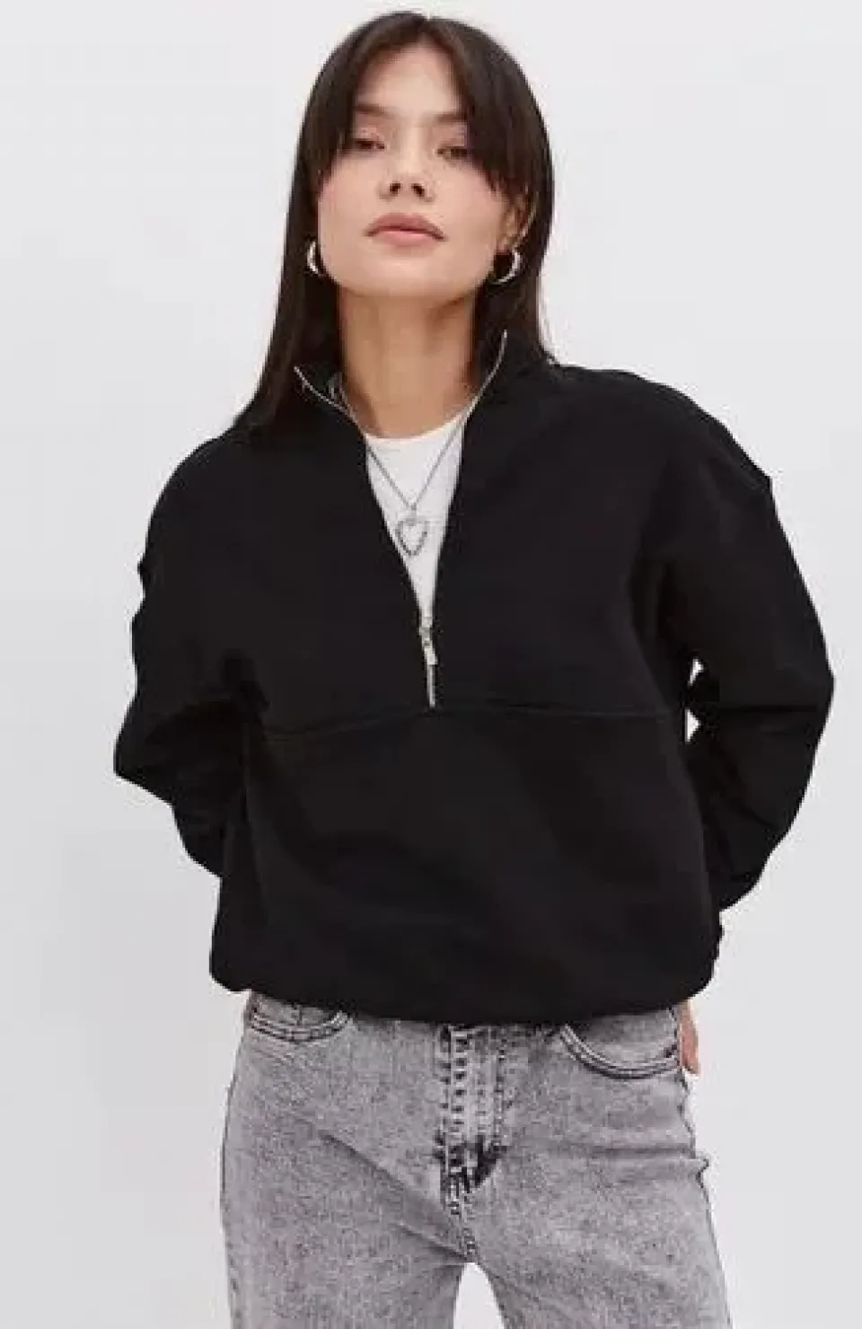 Oversize Yarım Farmuarlı Yakalı Basic SweatShirt - Siyah Somersan Giyim | Kadın, Erkek ve Çocuk Moda