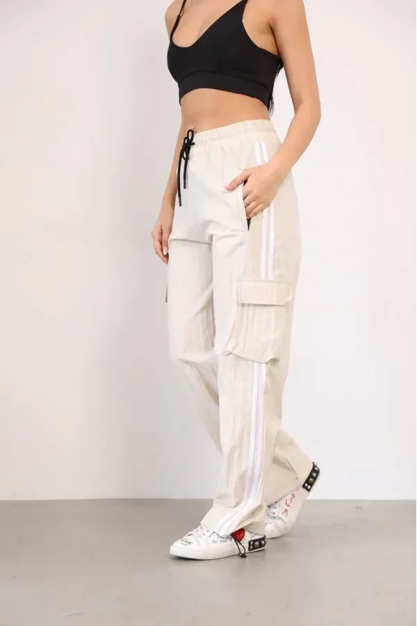 Paraşüt Kumaş Kargo Ceplı Baggy Eşofman - Bej